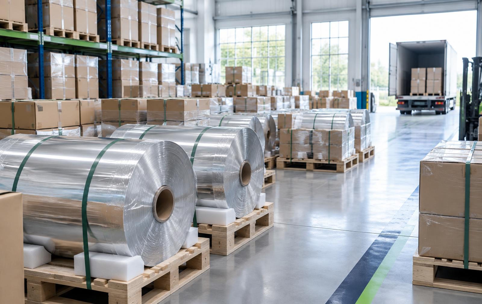 Packaged aluminium foil reels prepared for regional dispatch