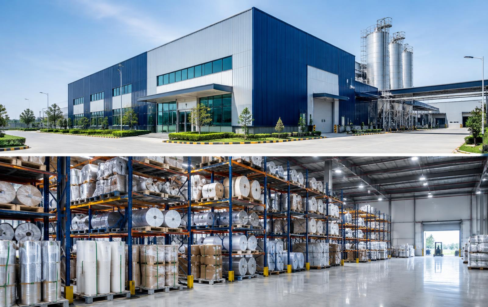 Visual representation of a modern foil converting facility and organized reel storage
