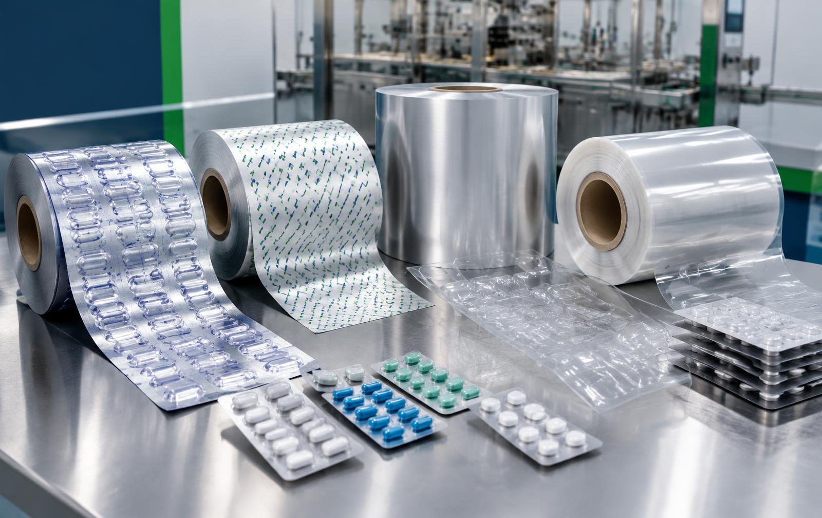 Illustrative range of aluminium foil, PVC film and pharmaceutical blister packs