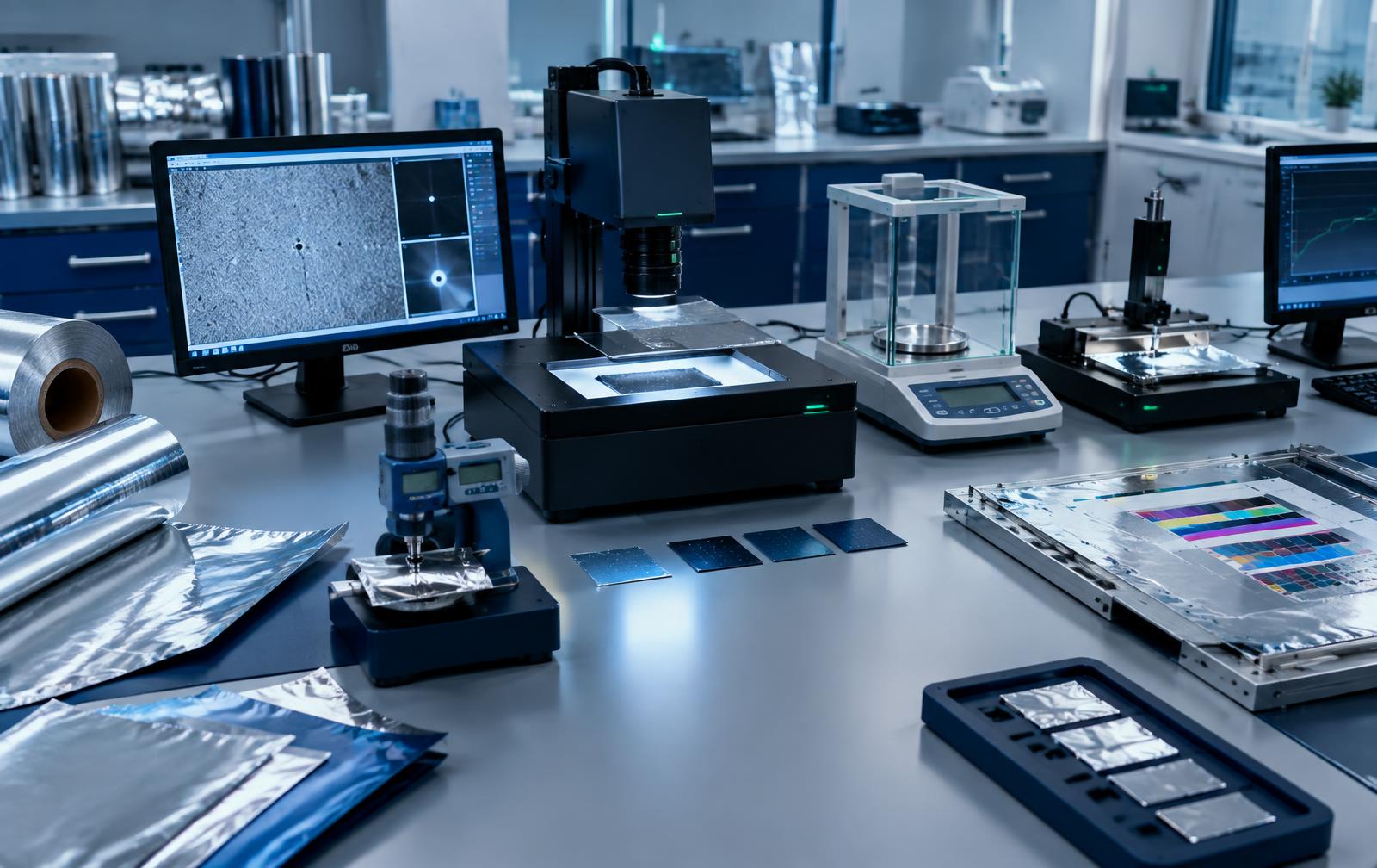 Illustrative pharmaceutical foil quality laboratory with measurement equipment